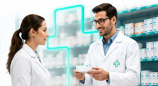 Farmacéutica joven atendiendo a una clienta en el mostrador de la farmacia